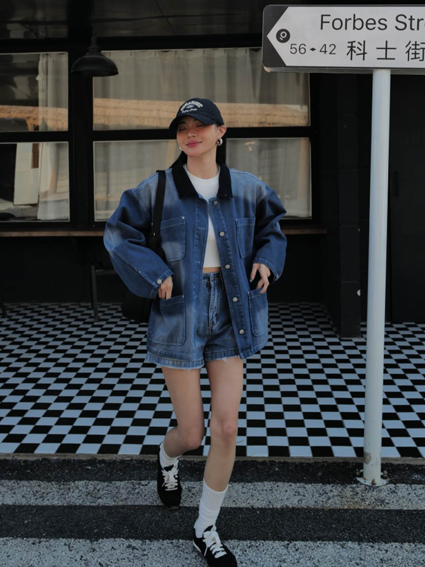 領子漸變牛仔工裝外套-牛仔藍