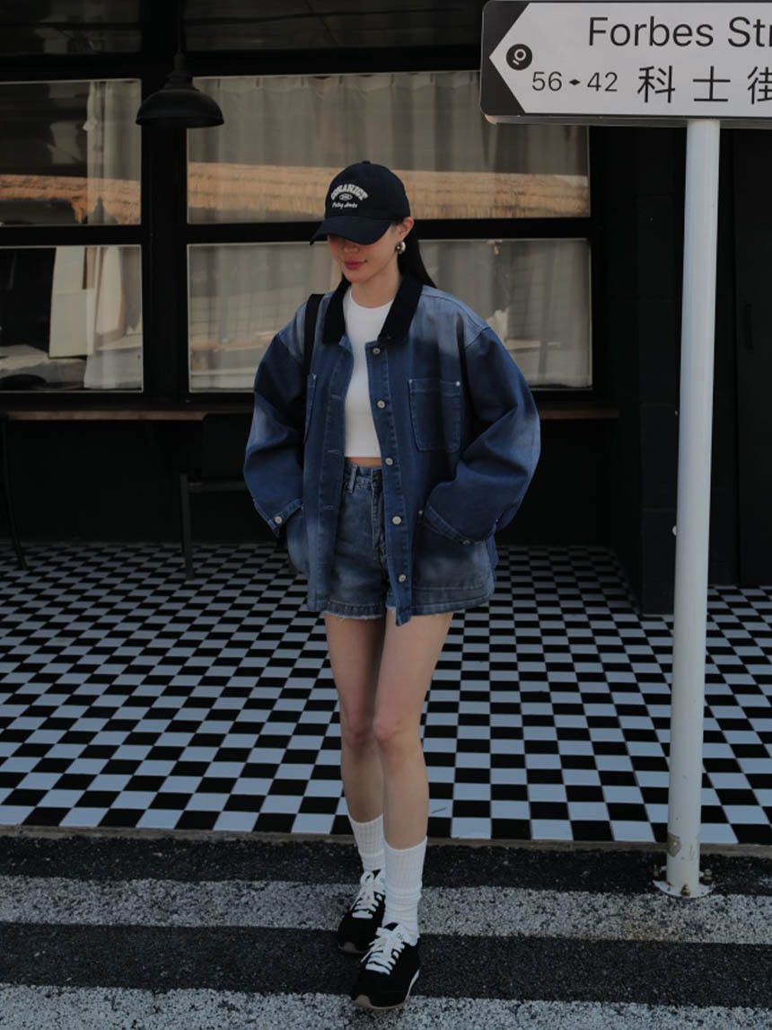 領子漸變牛仔工裝外套-牛仔藍