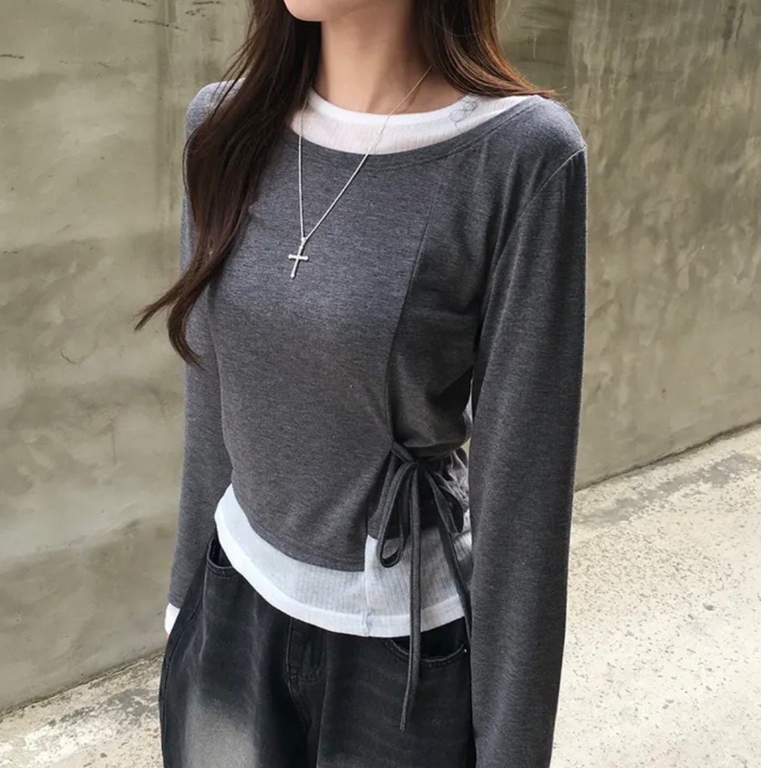 【優惠預訂】韓國拼色綁帶不對稱長袖上衣（3色）
