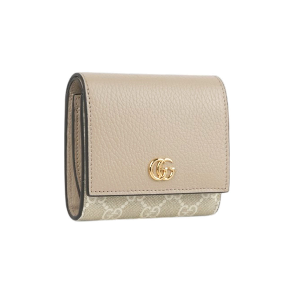 【GUCCI】GG Marmont 塗層帆布及皮革中型二折短夾(米色)