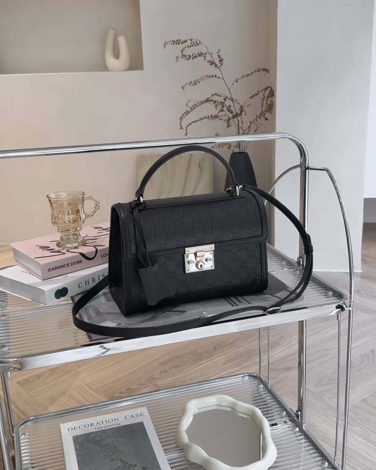 GUCCI｜PADLOCK 手提單肩包 中號 黑色壓紋老花