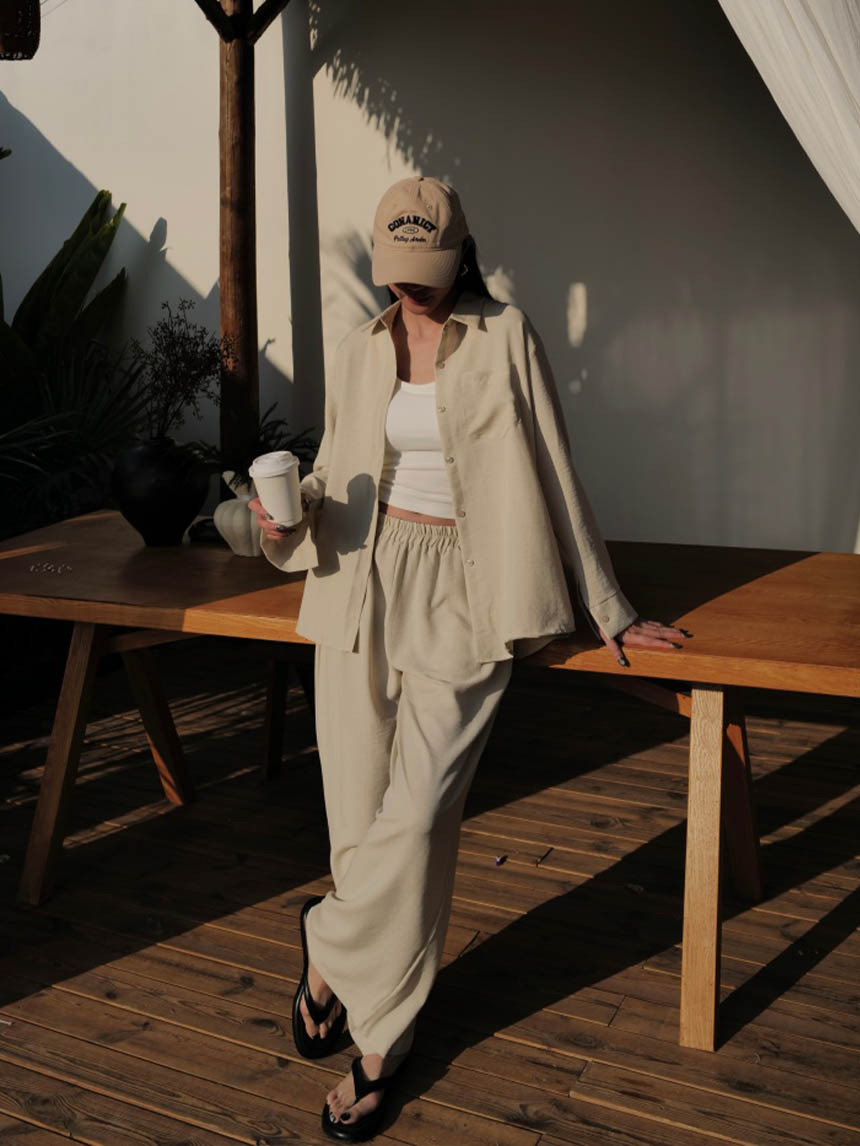 麻料襯衫寬褲套裝*2色