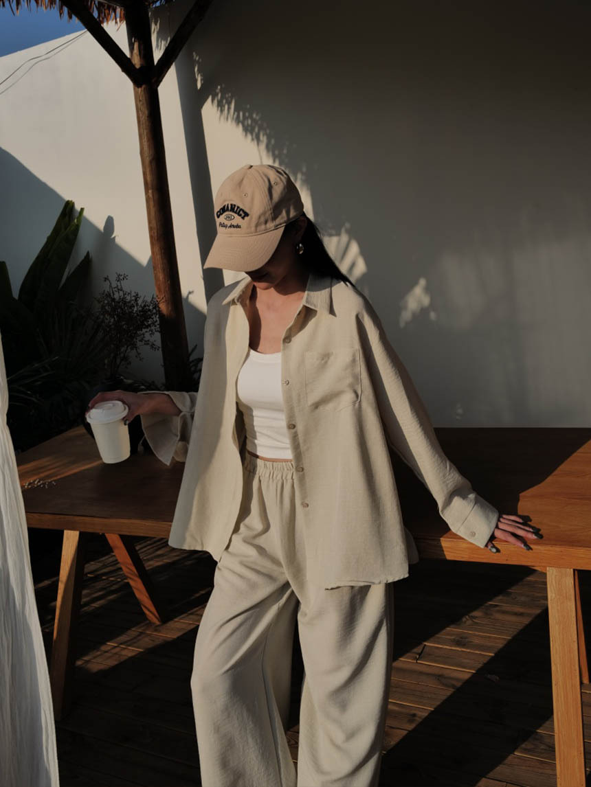 麻料襯衫寬褲套裝*2色