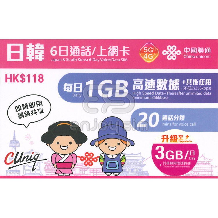 中國聯通 - 6日通話【日本及韓國(南韓)】(每日首3GB高速數據) 5G/4G 無限上網卡數據卡Sim卡