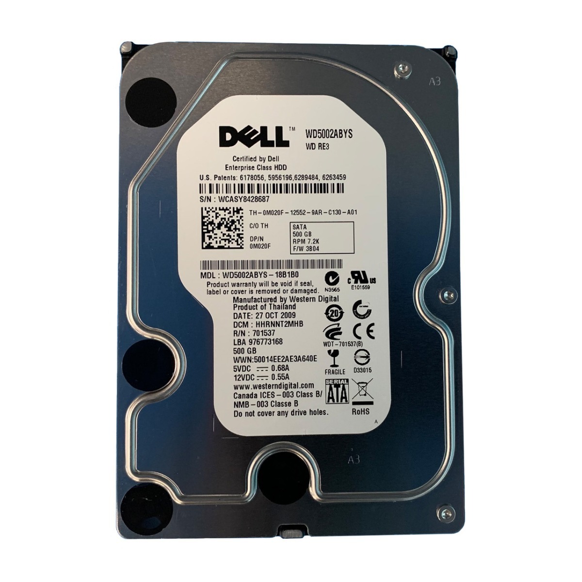 M020F DELL 500GB 7,200 RPM SATA 3.5" HARD DRIVE (翻新)