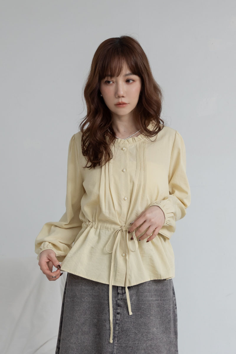 荷葉領壓褶綁帶上衣