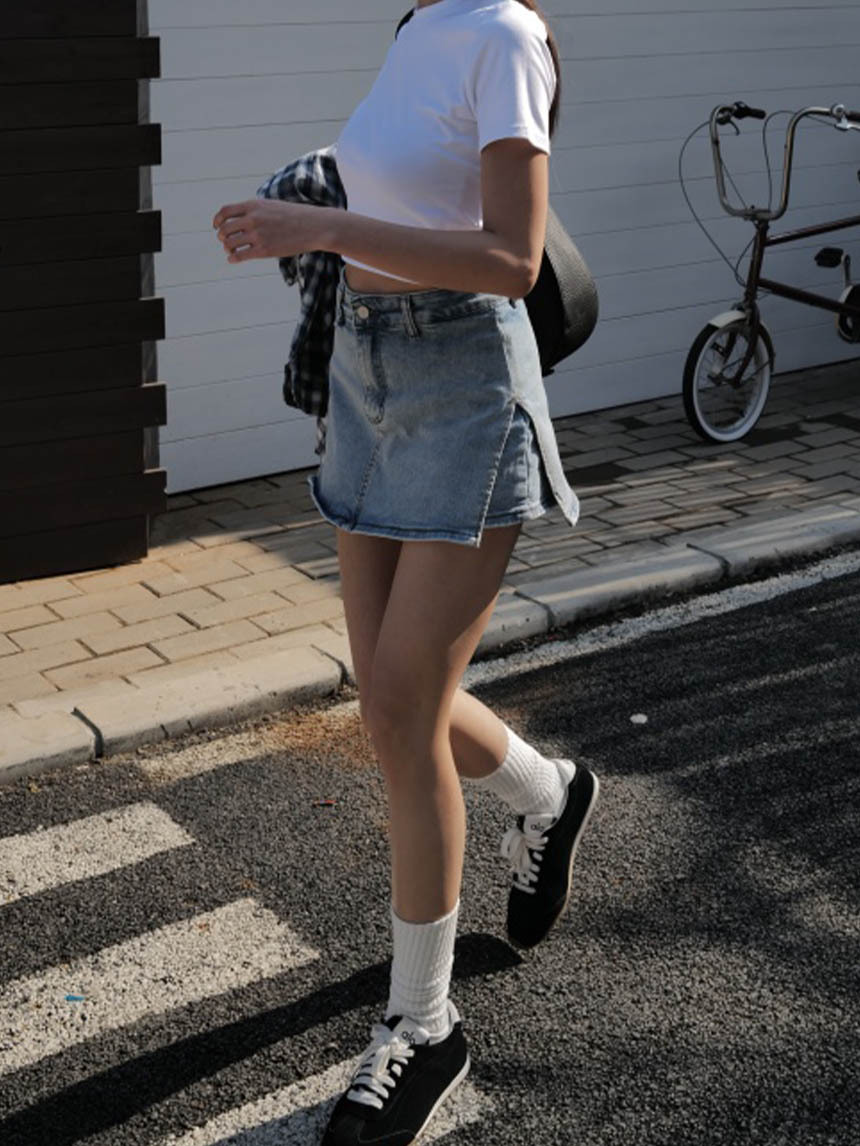 側開衩彈力牛仔裙*2色