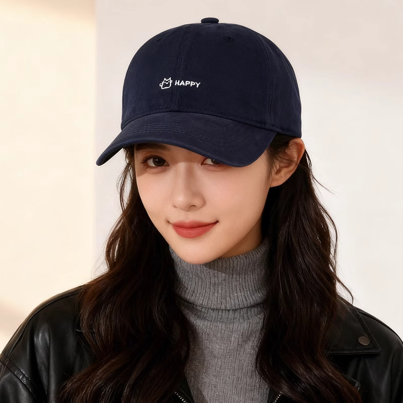 Korean Minimal Embroidered Happy Cat Cap