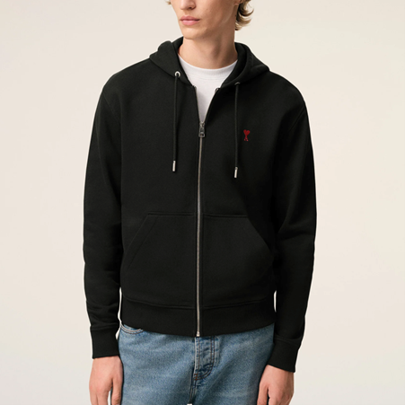 1FF0101-410 [AMI PARIS] Cotton Red Ami De Coeur Zipped Hoodie Black (SS26) #BFUSW435.730.001 (C-EU-E)