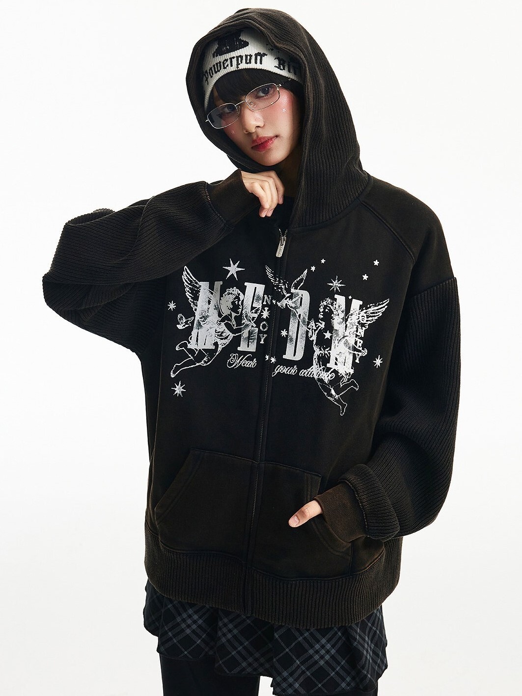 MEDM 復古水洗做舊 拼接天使 針織加絨 連帽外套