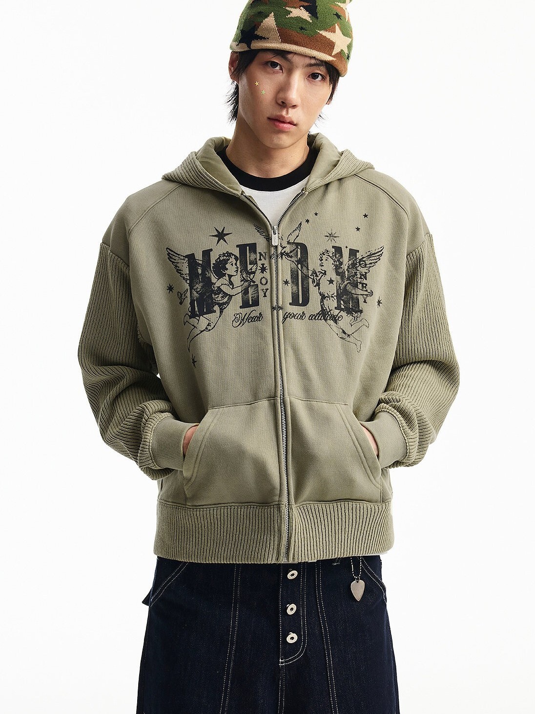 MEDM 復古水洗做舊 拼接天使 針織加絨 連帽外套