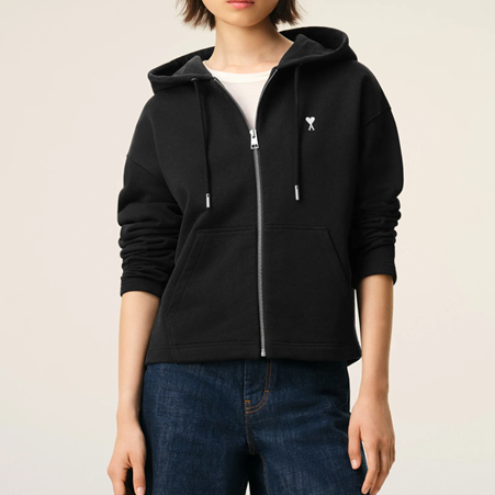 1FF0101-414 [AMI PARIS] Cotton Ami De Coeur Zipped Hoodie Black (SS26) #FSW783.730.045 (C-EU-E)