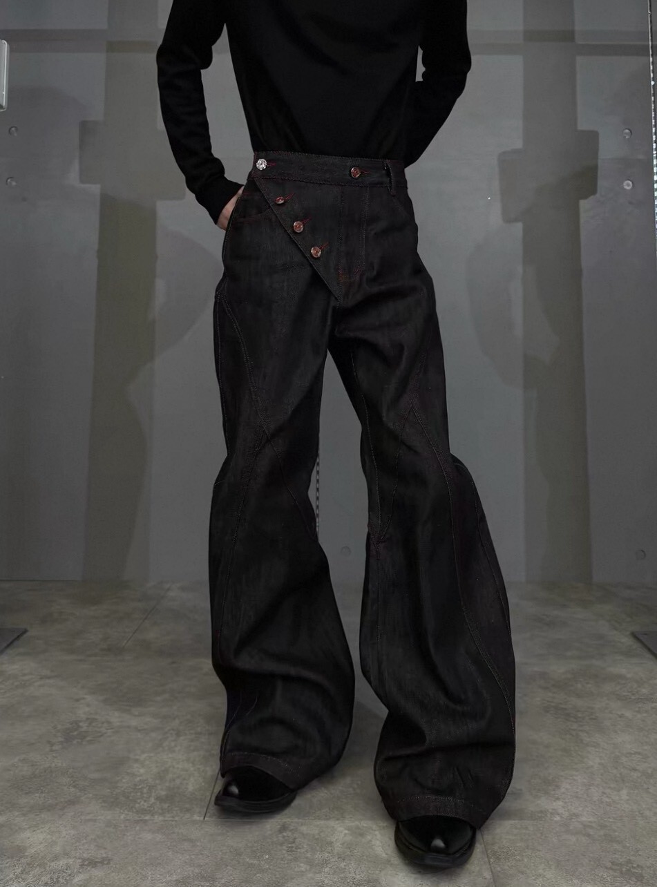 ARGUE 原色 紅邊 側釦設計 微喇叭 #牛仔褲