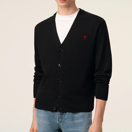 1FF0101-418 [AMI PARIS] Wool Cardigan With Contrasted Ami De Coeur Black (SS26) #HKC361.001.009 (C-EU-E)