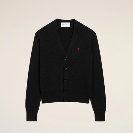 1FF0101-418 [AMI PARIS] Wool Cardigan With Contrasted Ami De Coeur Black (SS26) #HKC361.001.009 (C-EU-E)