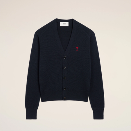 1FF0101-419 [AMI PARIS] Wool Cardigan With Contrasted Ami De Coeur Navy (SS26) #HKC361.001.414 (C-EU-E)
