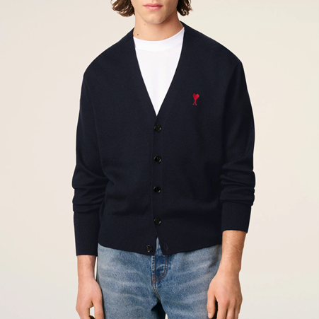 1FF0101-419 [AMI PARIS] Wool Cardigan With Contrasted Ami De Coeur Navy (SS26) #HKC361.001.414 (C-EU-E)