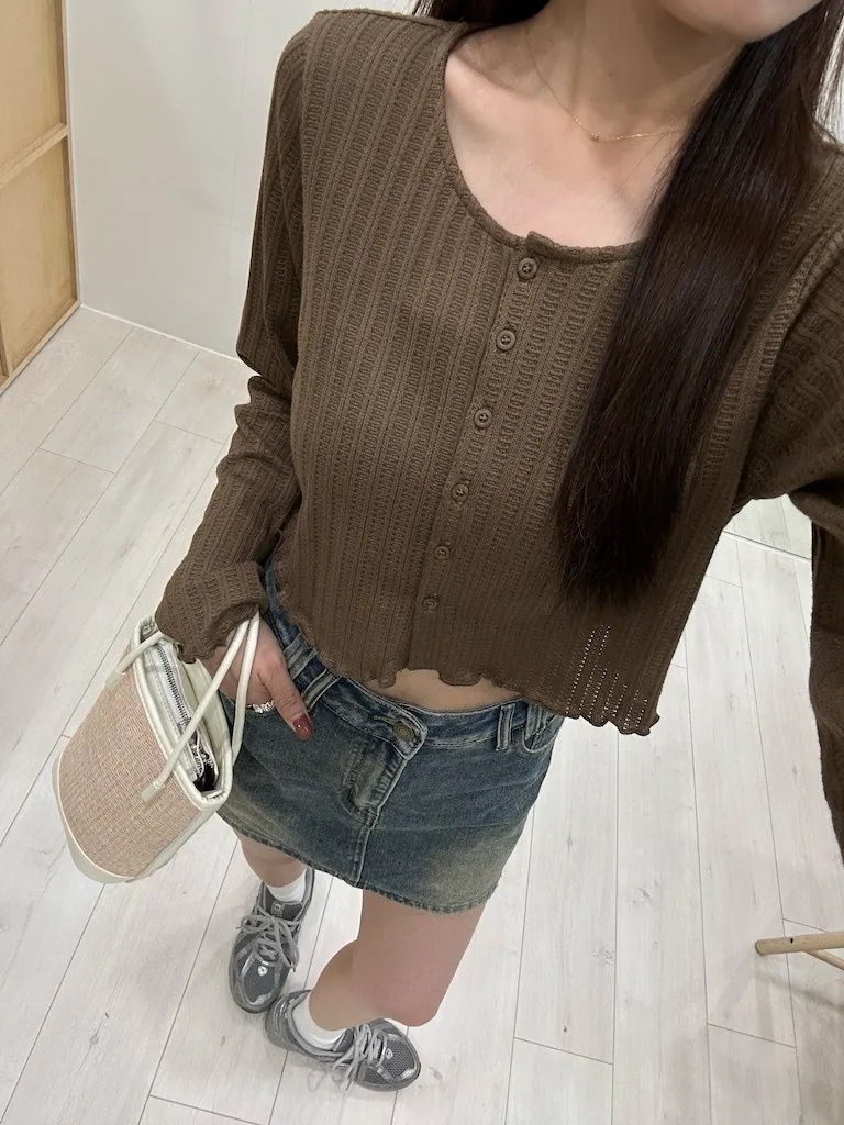 鬆餅格紋排釦上衣附髮圈