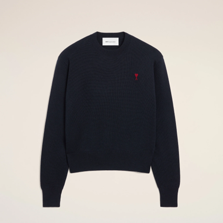1FF0101-421 [AMI PARIS] Wool Crewneck Sweater With Contrasted Ami De Coeur Navy (SS26) #HKS826.001.414 (C-EU-E)