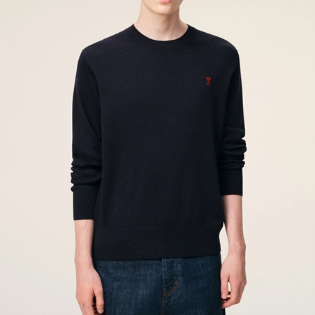 1FF0101-421 [AMI PARIS] Wool Crewneck Sweater With Contrasted Ami De Coeur Navy (SS26) #HKS826.001.414 (C-EU-E)
