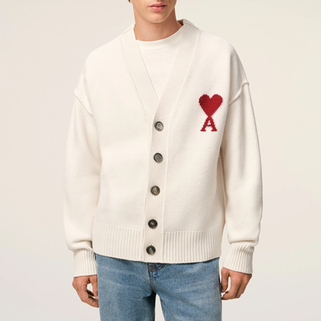 1FF0101-424 [AMI PARIS] Wool Cardigan With Contrasted Ami De Coeur Natural Off White (SS26) #UKC367.018.154 (C-EU-E)