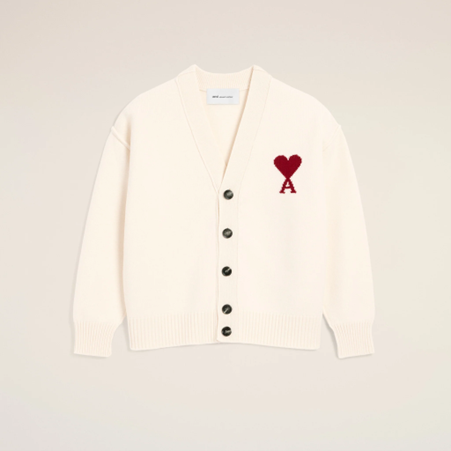 1FF0101-424 [AMI PARIS] Wool Cardigan With Contrasted Ami De Coeur Natural Off White (SS26) #UKC367.018.154 (C-EU-E)
