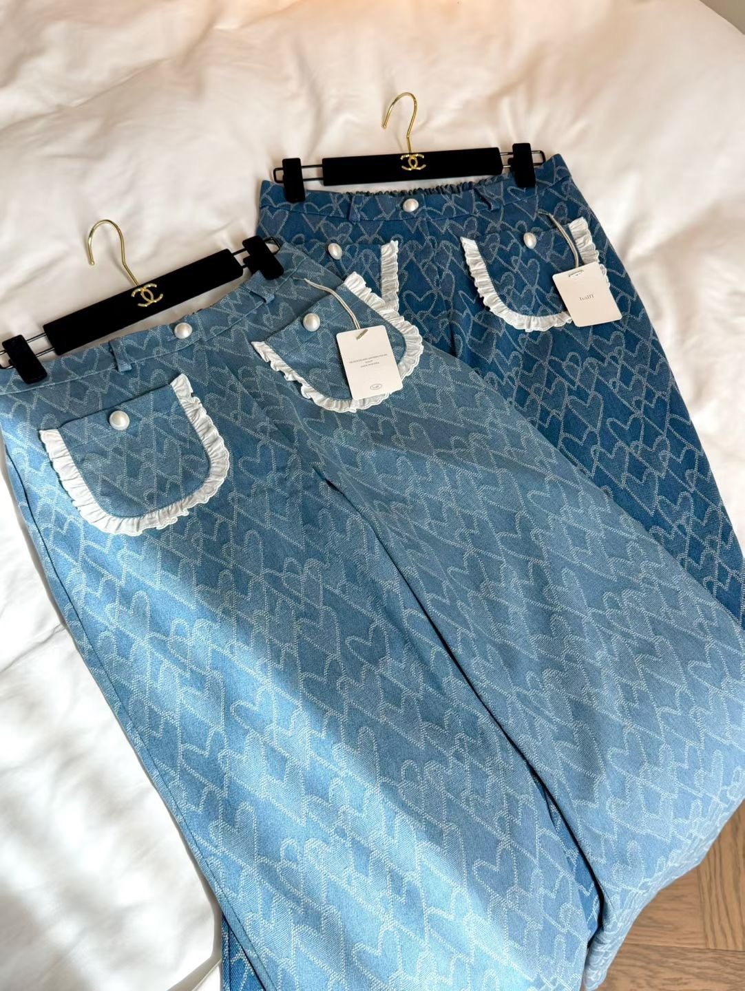 愛心紋牛仔長寬褲