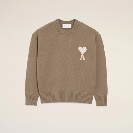 1FF0101-427 [AMI PARIS] Wool And Cotton Crewneck Ami De Coeur Sweater Beige (SS26) #UKS859.KN0156.A117 (C-EU-E)