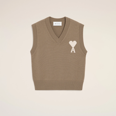 1FF0101-428 [AMI PARIS] Wool And Cotton Sleeveless Ami De Coeur Sweater Beige (SS26) #UKS860.KN0156.A117 (C-EU-E)