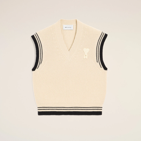 1FF0101-429 [AMI PARIS] Ribbed Wool Sleeveless Ami De Coeur Sweater White Cream (SS26) #UKS865.KN0161.136 (C-EU-E)