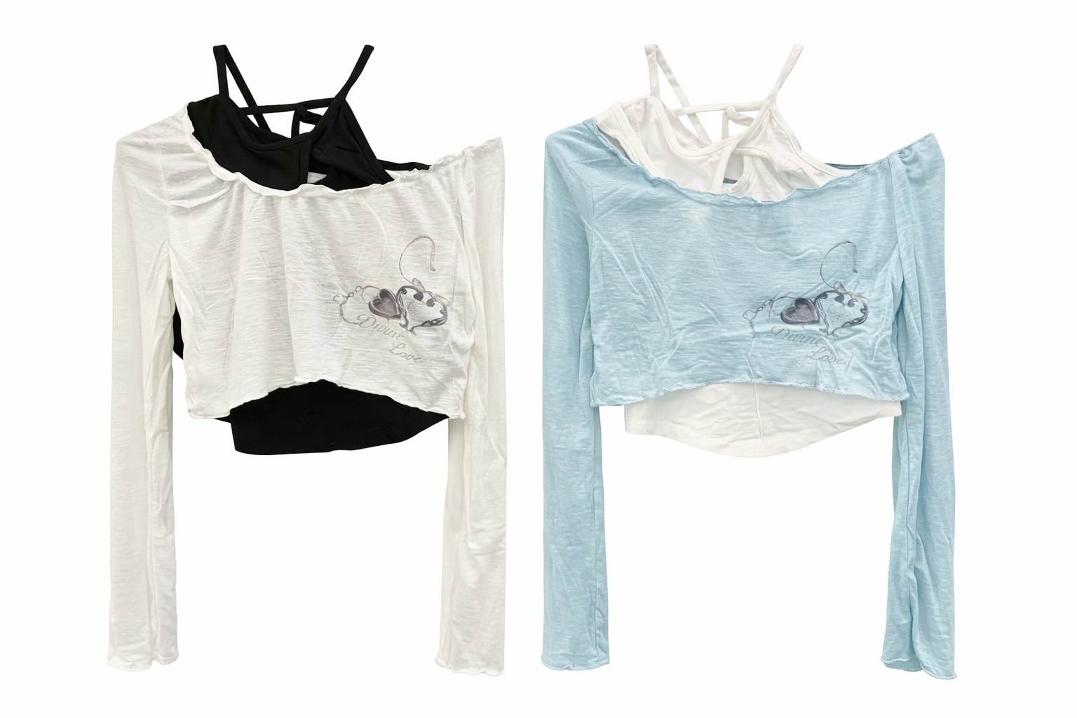 NEW愛心木耳邊兩件式斜肩上衣