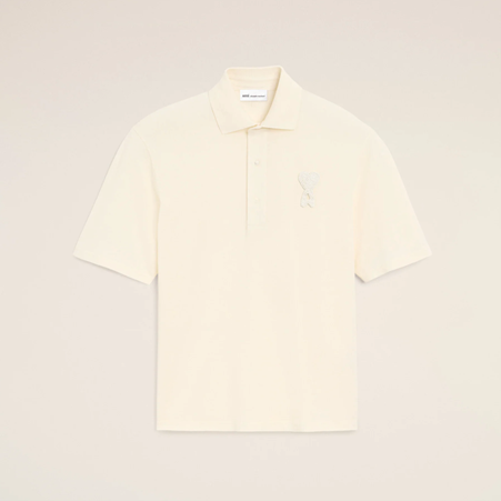 1FF0101-431 [AMI PARIS] Cotton Ami De Coeur Knitted Patch Polo White Cream (SS26) #UPL428.JE0221.136 (C-EU-E)