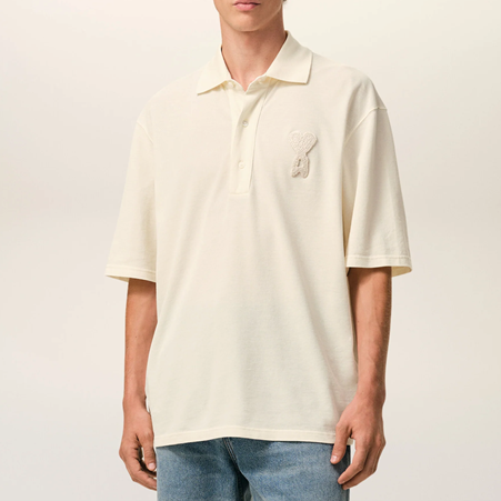 1FF0101-431 [AMI PARIS] Cotton Ami De Coeur Knitted Patch Polo White Cream (SS26) #UPL428.JE0221.136 (C-EU-E)