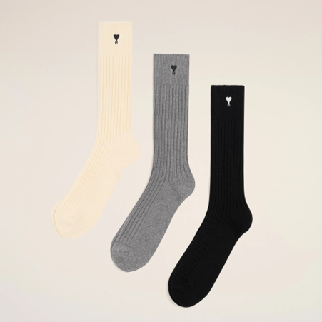 1FF0101-433 [AMI PARIS] Cotton Three Pack Black Ami De Coeur Socks (SS26) #USC611.AK0007.A148 (C-EU-E)