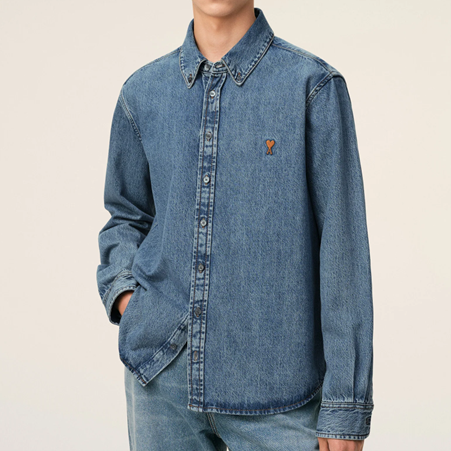 1FF0101-435 [AMI PARIS] Denim Cotton Ami De Coeur Shirt Used Blue (SS26) #USH786.DE0056.480 (C-EU-E)