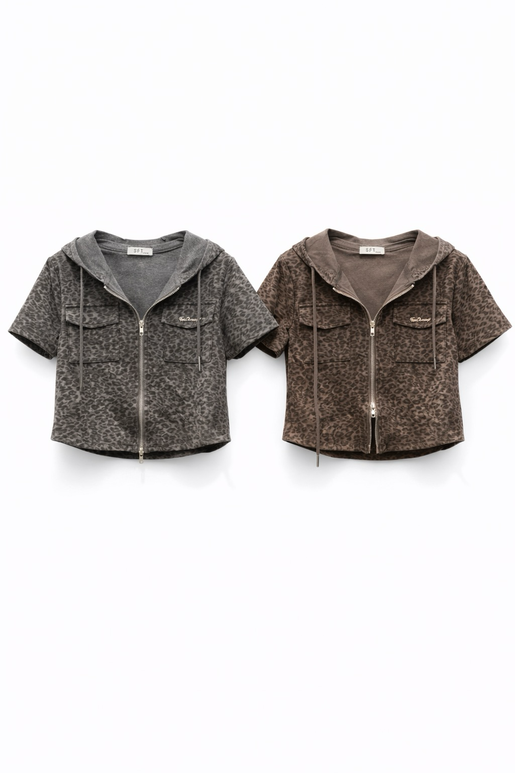 NEW豹紋連帽雙拉鏈短版外套