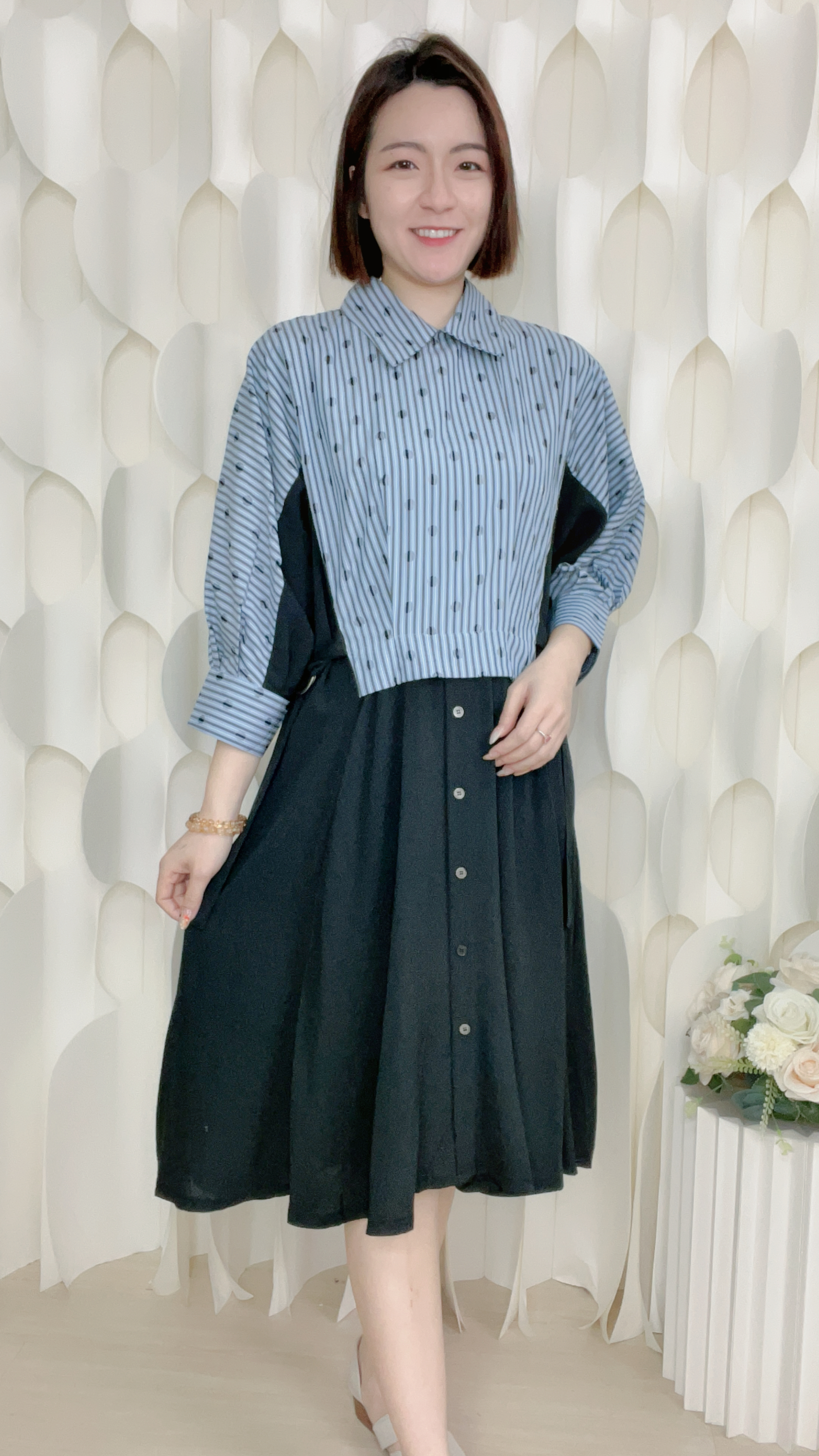 直紋拼布棉麻連身裙(胸42 腰35 臀58 長41吋)36993 #0303clo