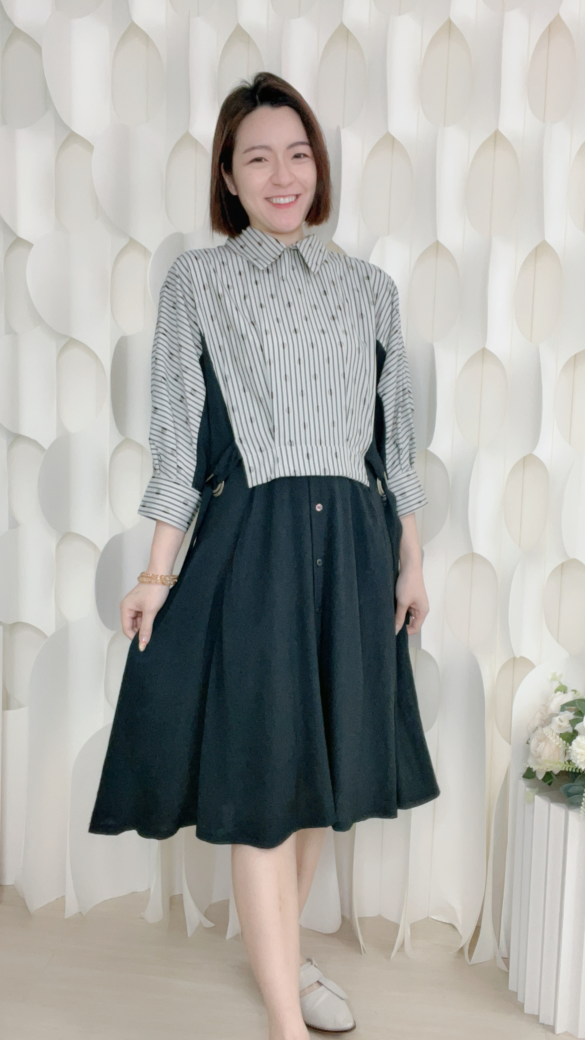 直紋拼布棉麻連身裙(胸42 腰35 臀58 長41吋)36993 #0303clo