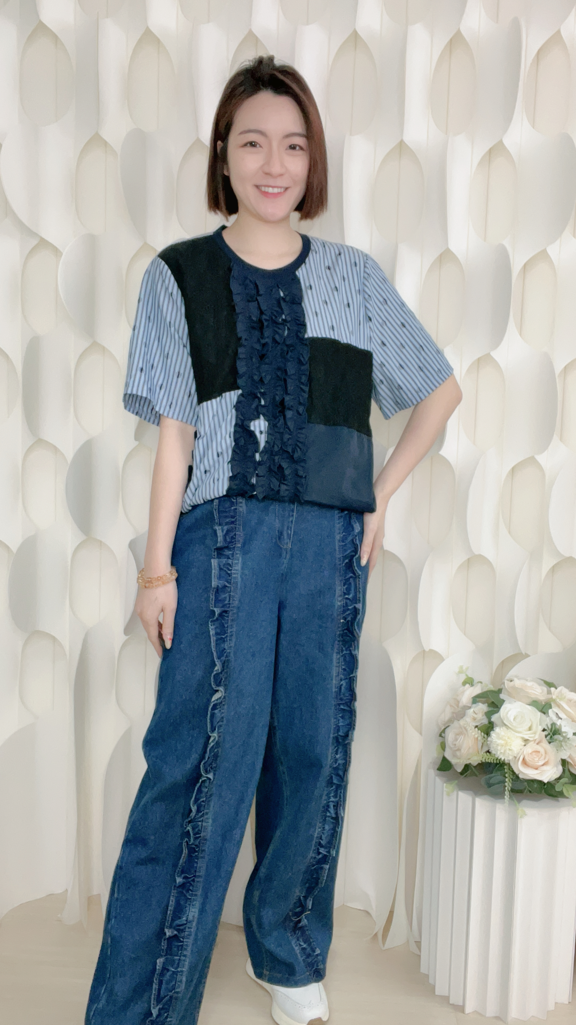 拼布蕾絲立體花棉質上衣(胸42 腰46 長22吋)68853 #0303clo