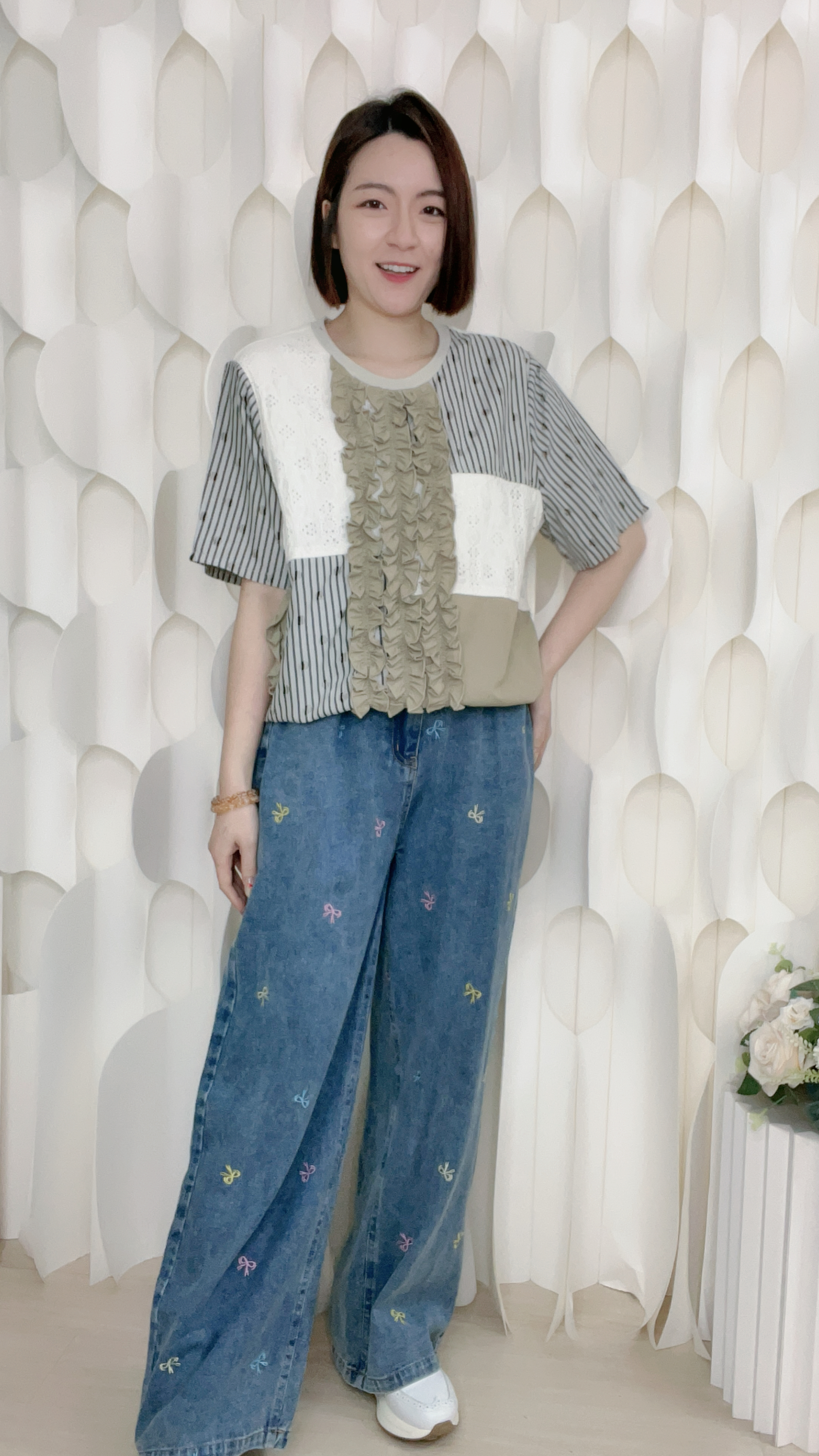 拼布蕾絲立體花棉質上衣(胸42 腰46 長22吋)68853 #0303clo