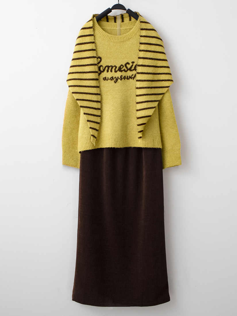 條紋披肩針織上衣後開衩條絨直筒長裙