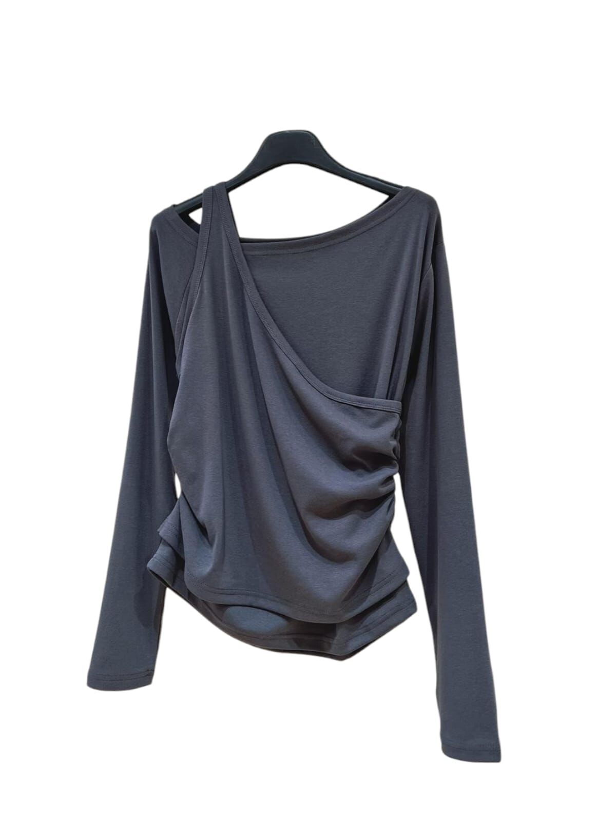 A17 #23630 側骨接褶假兩件棉料Top - 黑色