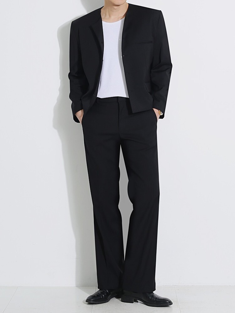 圓領短版西裝外套 復古半喇叭褲 成套西裝