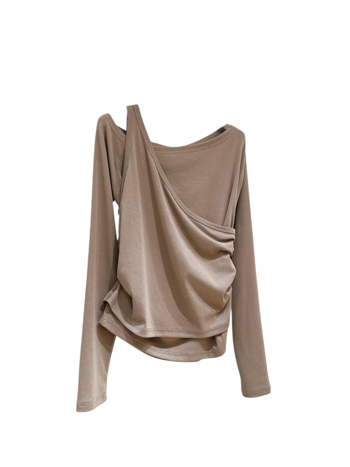 A19 #23630 側骨接褶假兩件棉料Top - 卡色