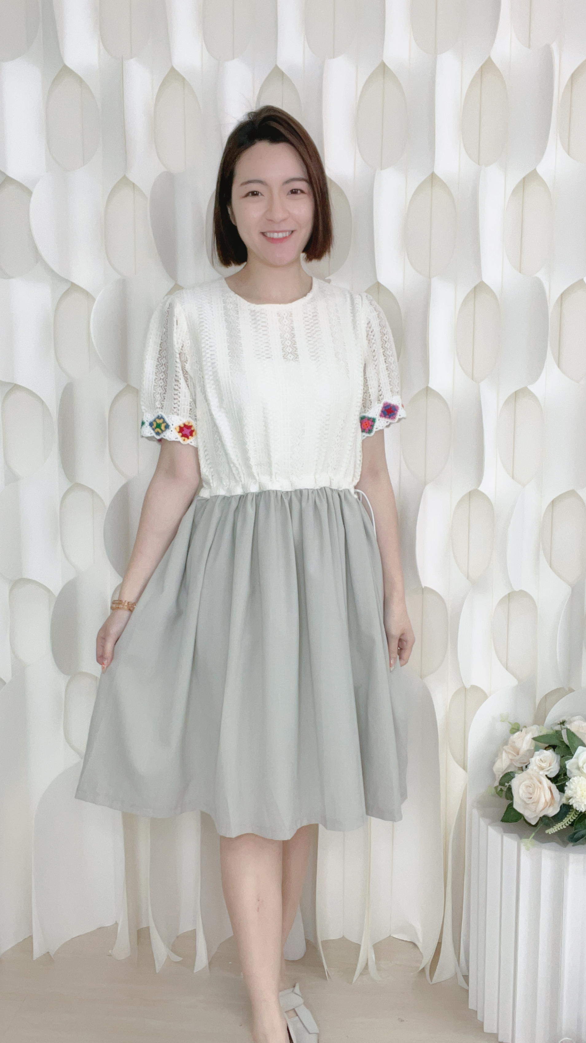 梭織棉麻勾織袖口連身裙(胸40 腰42 臀50 長38吋)37015 #0303clo