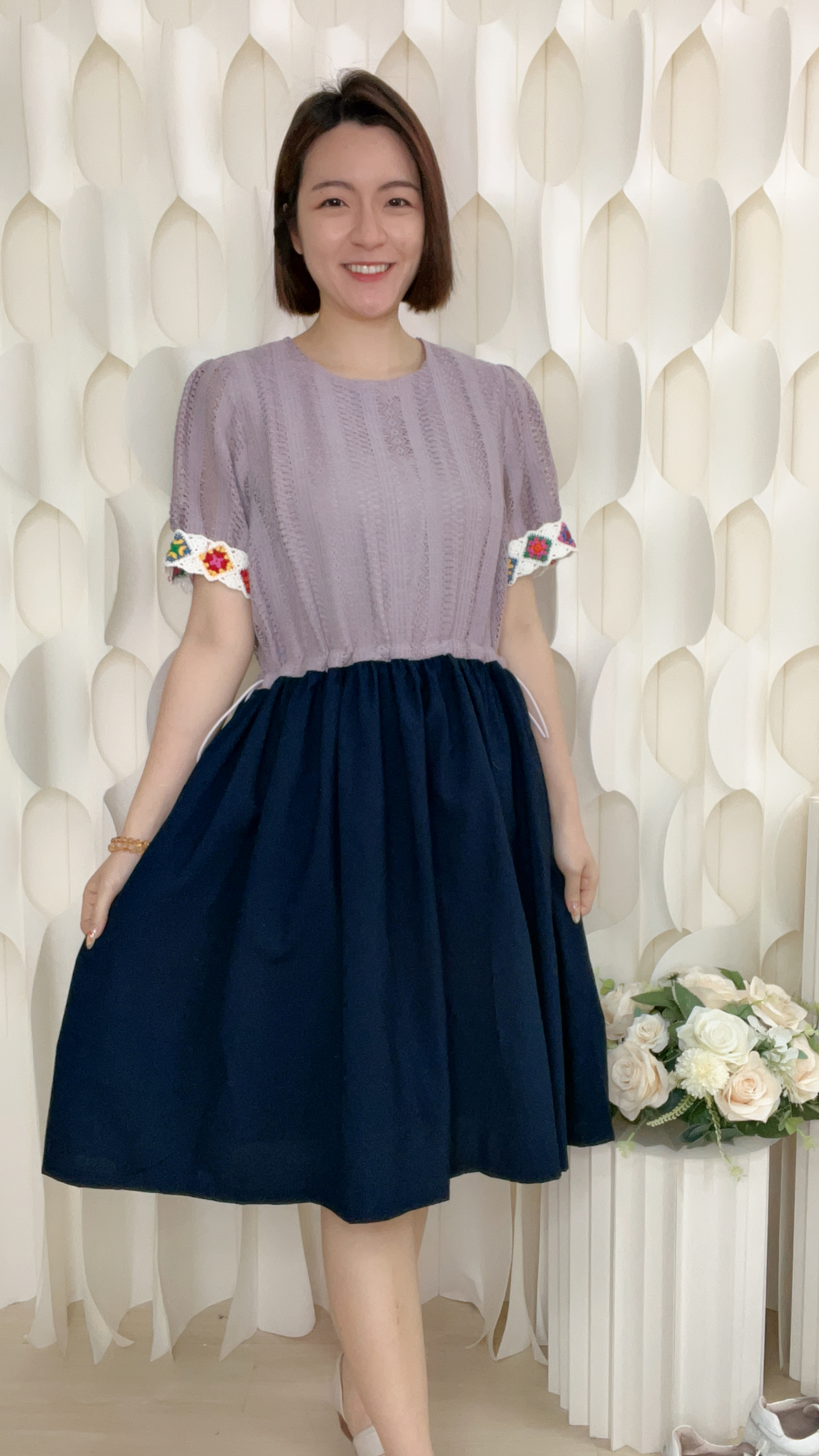 梭織棉麻勾織袖口連身裙(胸40 腰42 臀50 長38吋)37015 #0303clo