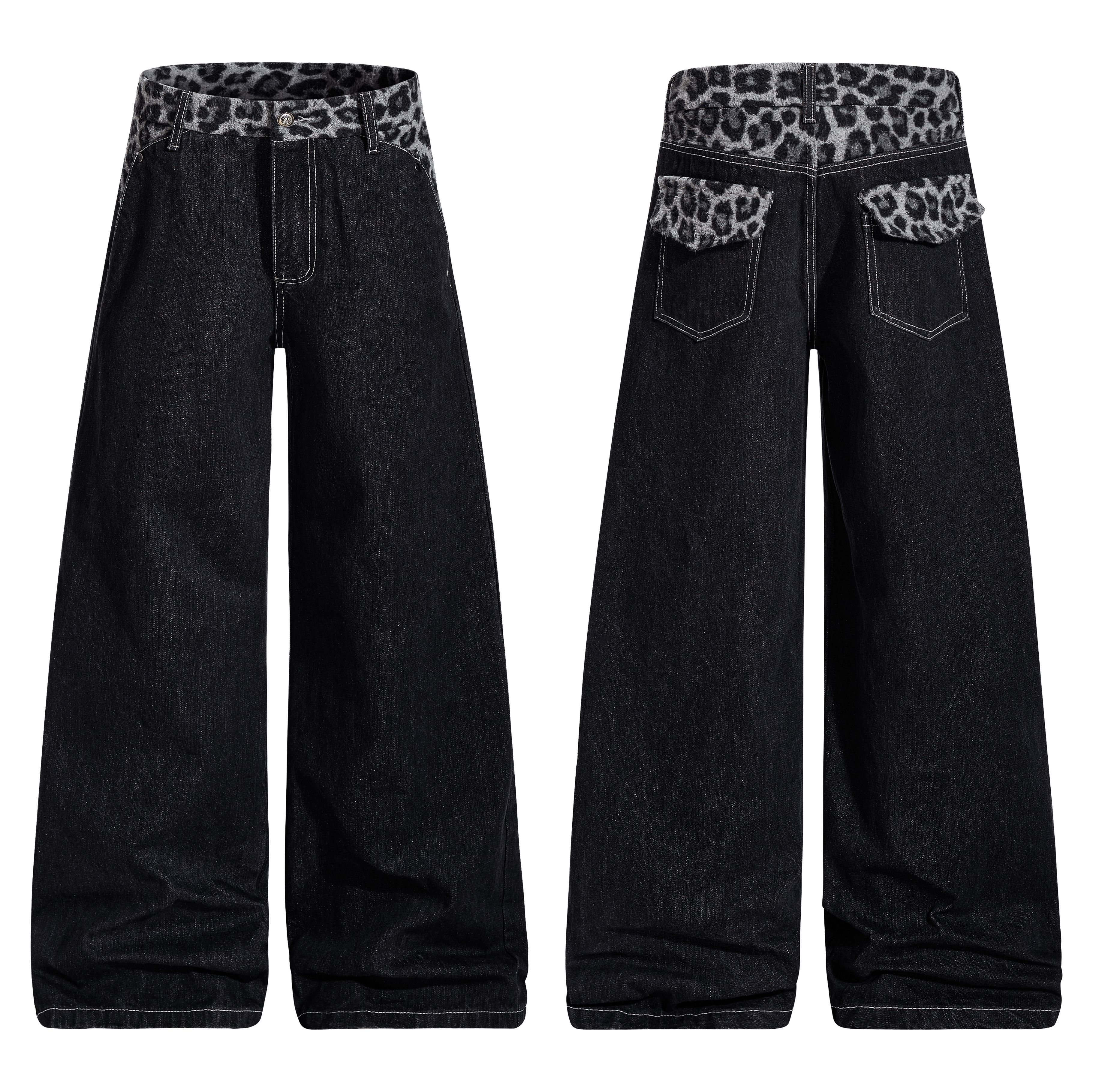 《S.V》豹紋褲頭單寧直筒褲