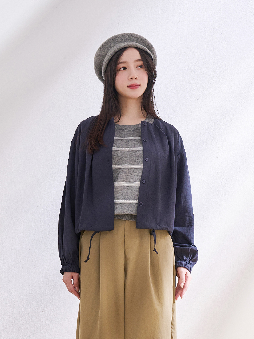 抓褶抽繩外套針織條紋上衣打褶繭型褲組合