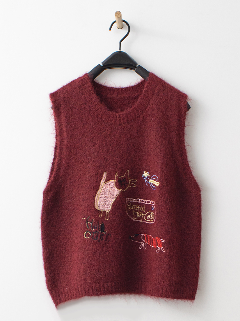 毛海鬆軟針織背心繡花襯衫針織棉A字長裙