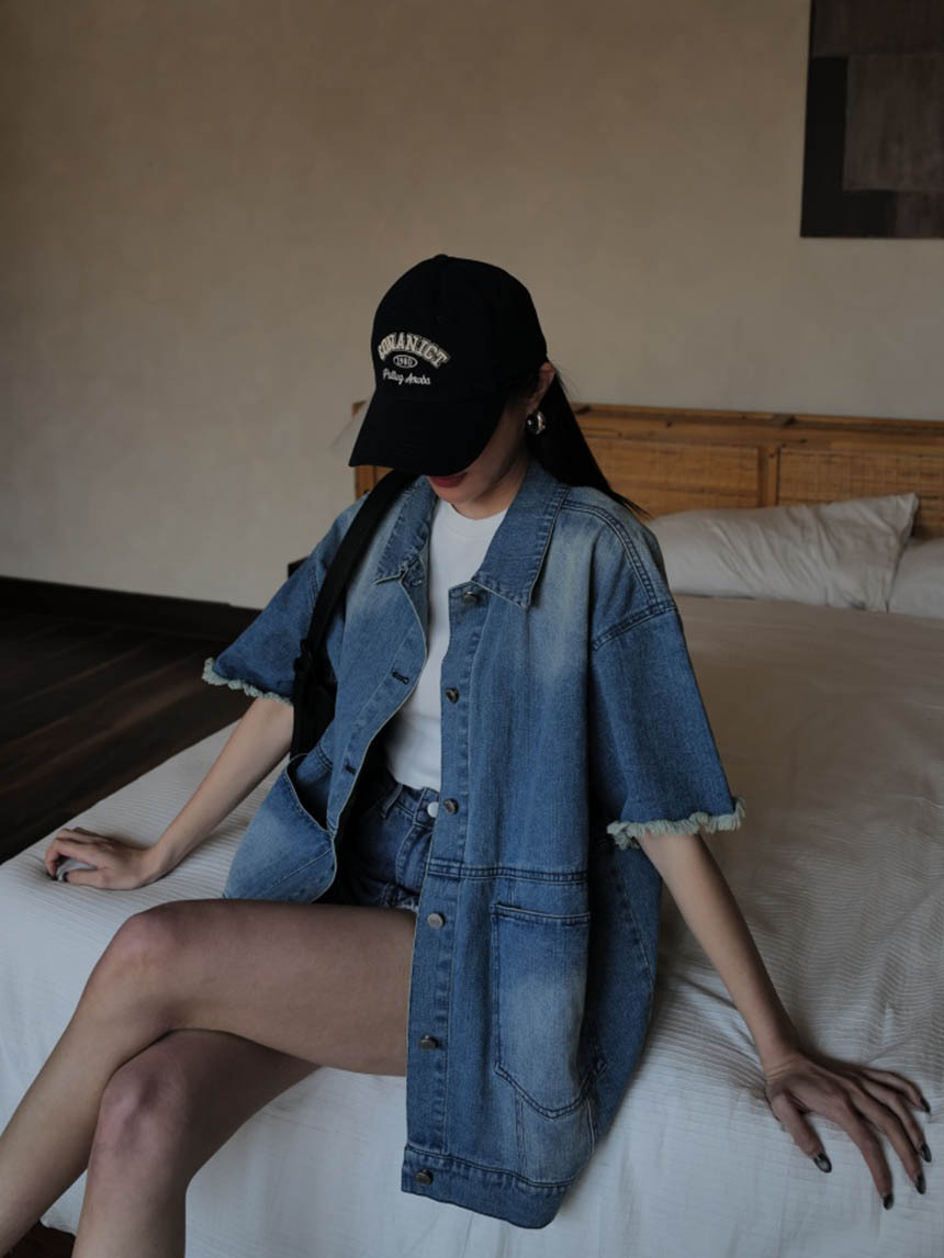 牛仔短袖個性外套-牛仔藍